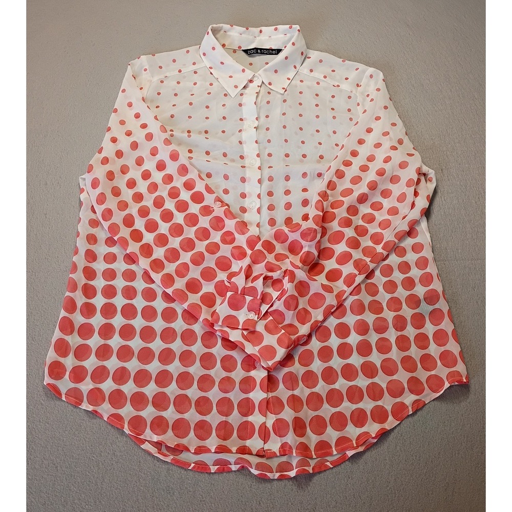Zac&Rachel Roll Tab Slv Sheer White‎ Pink Button Down Top Size XLarge Polka Dot